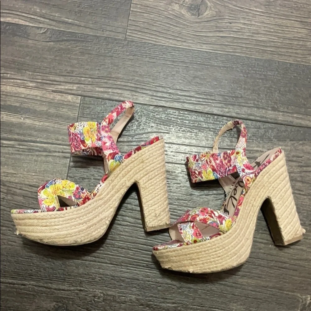 Rebels platform espadrilles floral stretch straps sling back chunky heel size 9